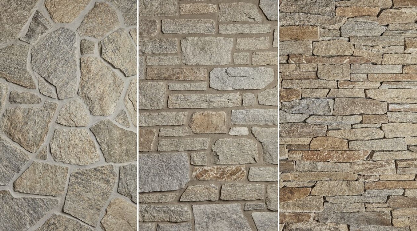 Custom natural stone masonry showcasing various stone veneer patterns including fieldstone, ledgestone, and stacked stone styles